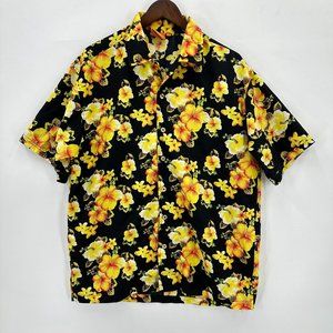Dolphino Shirt Mens Button Down Short Sleeve Floral Black Yellow L